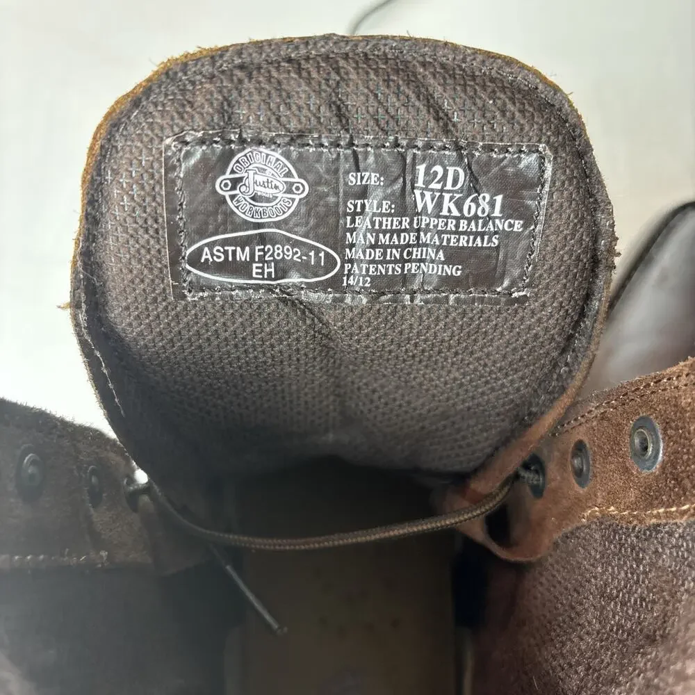 Justin 8” Rugged Tan Stampede Square Toe Work Boots Men’s Size 12D Style WK681